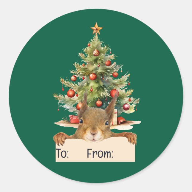 Merry Christmas Squirrel Christmas Tree To From Runder Aufkleber (Vorderseite)