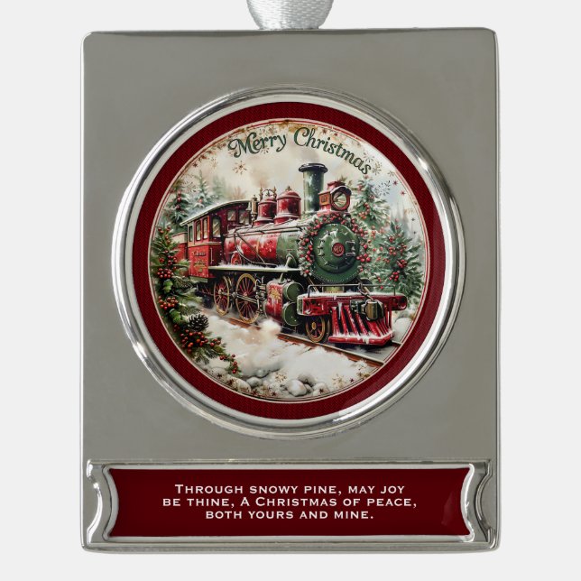 Merry Christmas Steam Train – Festive Journey  Banner-Ornament Silber (Vorderseite)