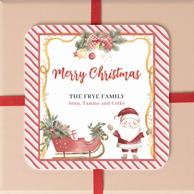Merry Christmas Stickers Santa Sleigh Custom Label (Watercolor Santa Christmas sticker for gifts and packaging)