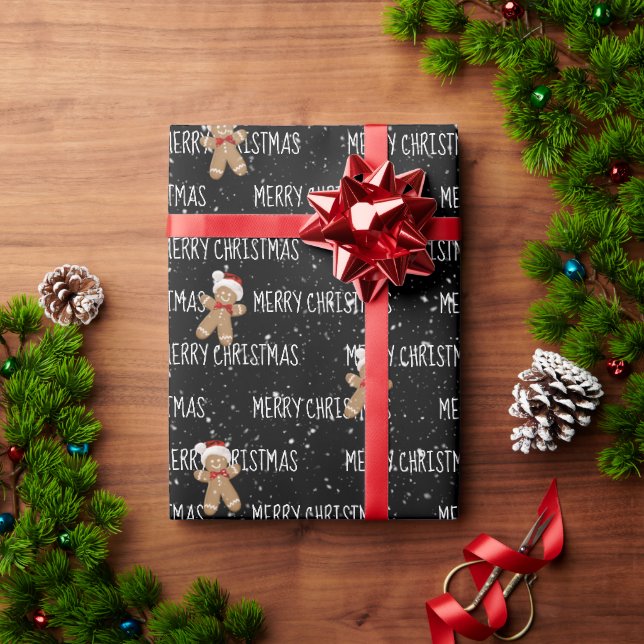 MERRY CHRISTMAS Text mit Lebkuchen Mann Geschenkpapier (Feiertagsgeschenk)
