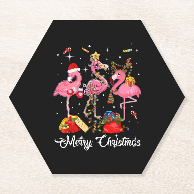 Merry Christmas Three Flamingo With Santa Hat Untersetzer (Vorderseite)