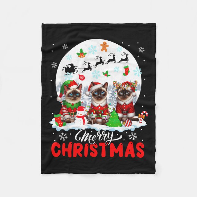 Merry Christmas Three Santa Elf Reindeer Siamese C Fleecedecke (Vorderseite)