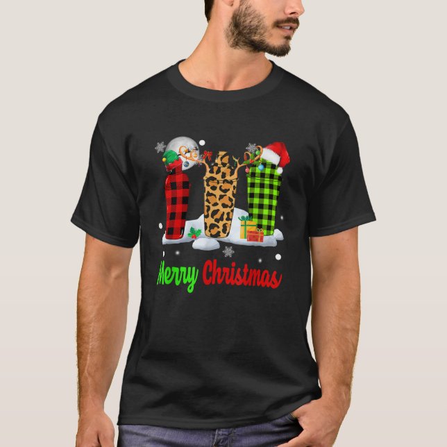 Merry Christmas Three Santa Reindeer Elf Bartender T-Shirt (Vorderseite)