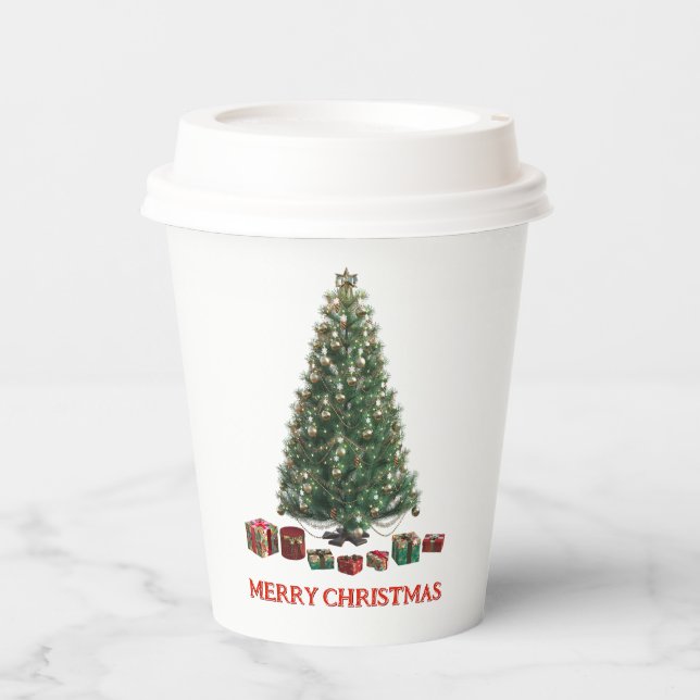 Merry Christmas. Tree (design 1) with gifts Pappbecher (Vorderseite)