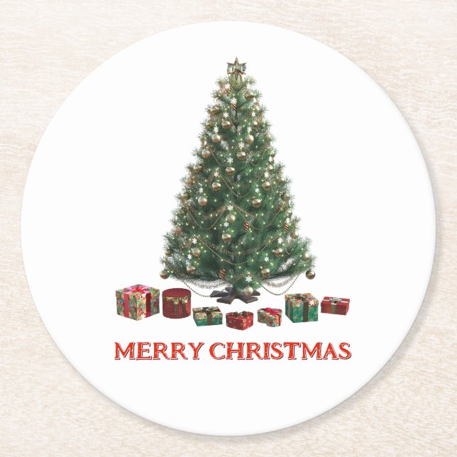Merry Christmas. Tree (design 1) with gifts Runder Pappuntersetzer (Vorderseite)