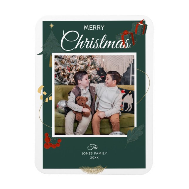  Merry Christmas Tree Family Photo Green Red Magnet (Vertikal)