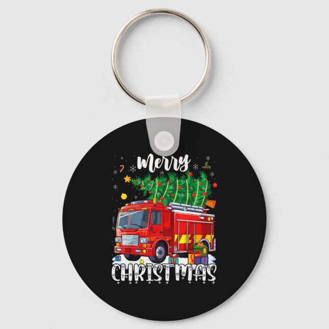 Merry Christmas Tree Firetruck Pajama Firefighter  Schlüsselanhänger (Vorderseite)