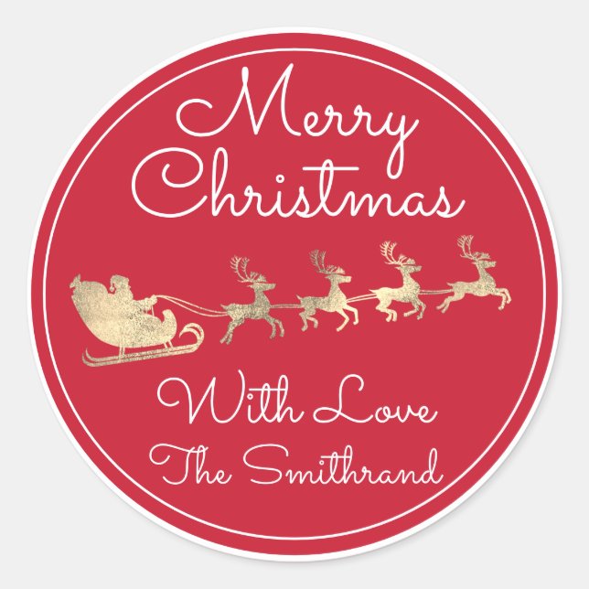 Merry Christmas Tree Name Gold Santa Sleigh Deer Runder Aufkleber (Vorderseite)