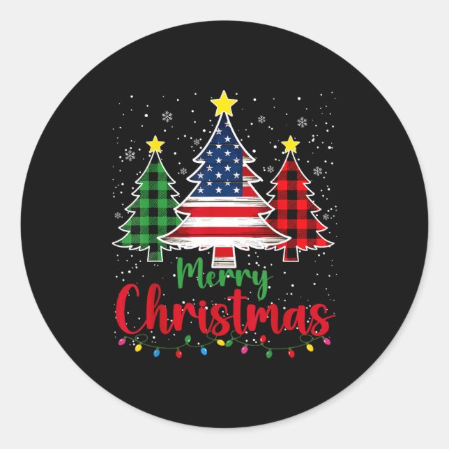 Merry Christmas Tree Plaid Us Flag Snowflake Xmas  Runder Aufkleber (Vorderseite)