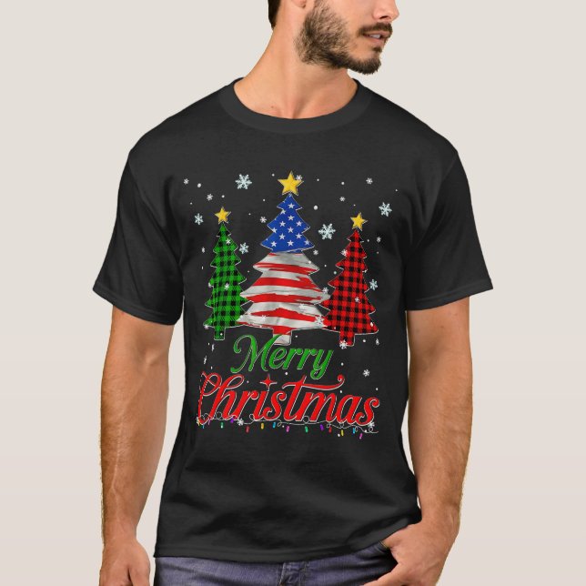 Merry Christmas Tree Plaid Us Flag Snowflake Xmas  T-Shirt (Vorderseite)