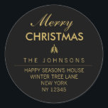 Merry Christmas Tree Rücksendeadresse Label - Schw Runder Aufkleber<br><div class="desc">Elegante Weihnachtsfeiertage in Schwarz und Gold mit goldenen Imitate-Folienbäumen. Fügen Sie einfach Ihren benutzerdefinierten Text hinzu.</div>