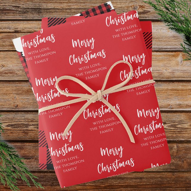 Merry Christmas Tree Simple Buffalo Check Pattern Geschenkpapier Set (Merry Christmas custom red, white and black buffalo check style gift wrap. )