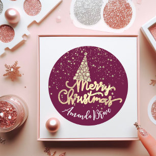 Merry Christmas Tree Skriptname Gold Marsala Runder Aufkleber