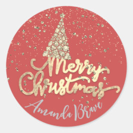 Merry Christmas Tree Skriptname Gold Orange Red Runder Aufkleber