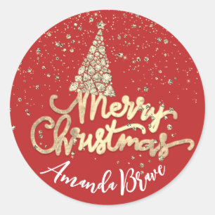 Merry Christmas Tree Skriptname Gold Red Runder Aufkleber