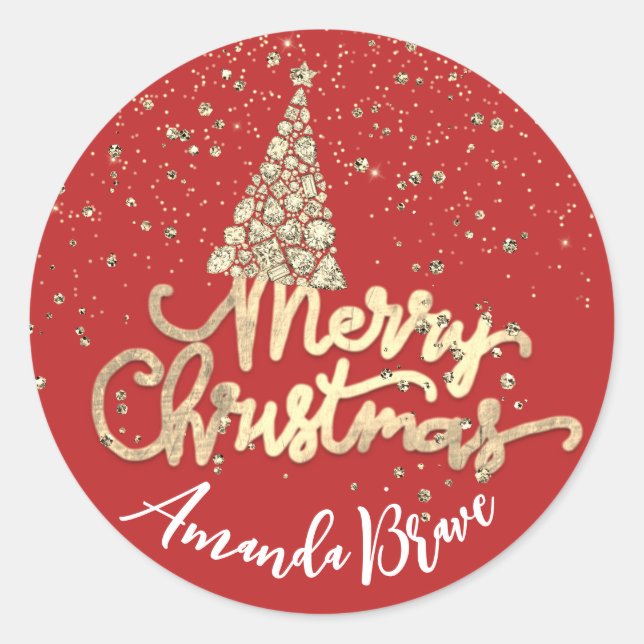 Merry Christmas Tree Skriptname Gold Red Runder Aufkleber (Vorderseite)