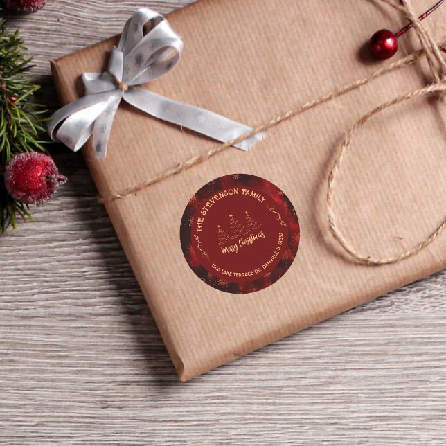 Merry Christmas Trees Burgundy Runder Aufkleber (Merry Christmas Trees Burgundy Classic Round Sticker)