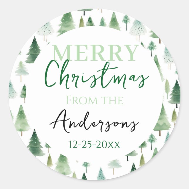 MERRY Christmas Trees Familiengeschenk Runder Aufkleber (Vorderseite)