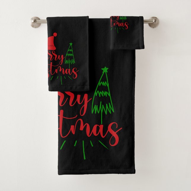 Merry Christmas Trees Text On Black Badhandtuch Set (Insitu)