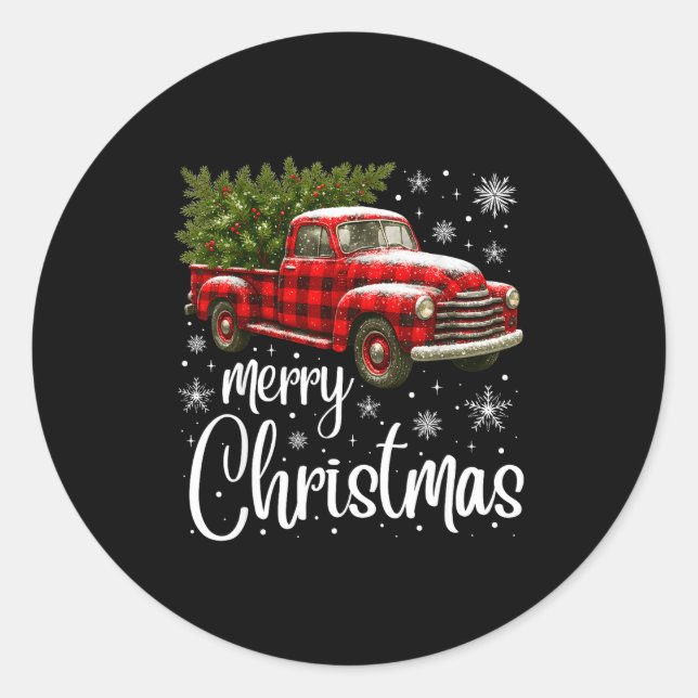 Merry Christmas Truck Buffalo Plaid Xmas Tree Men  Runder Aufkleber (Vorderseite)