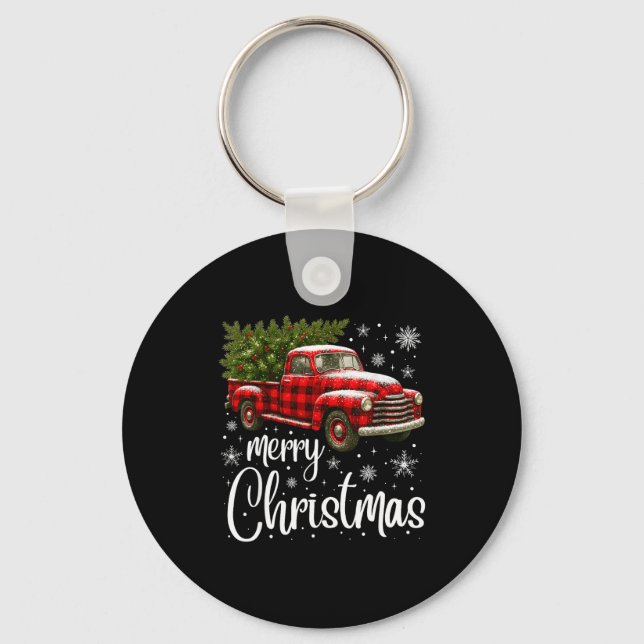 Merry Christmas Truck Buffalo Plaid Xmas Tree Men  Schlüsselanhänger (Vorderseite)