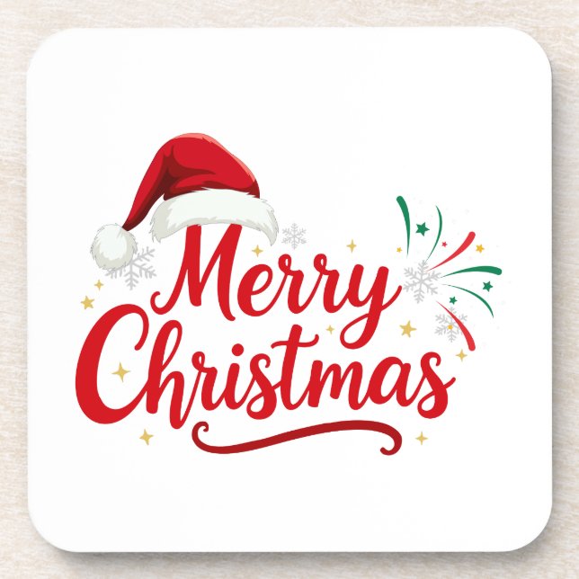 Merry Christmas Typography with Santa Hat and Snow Getränkeuntersetzer (Vorderseite)