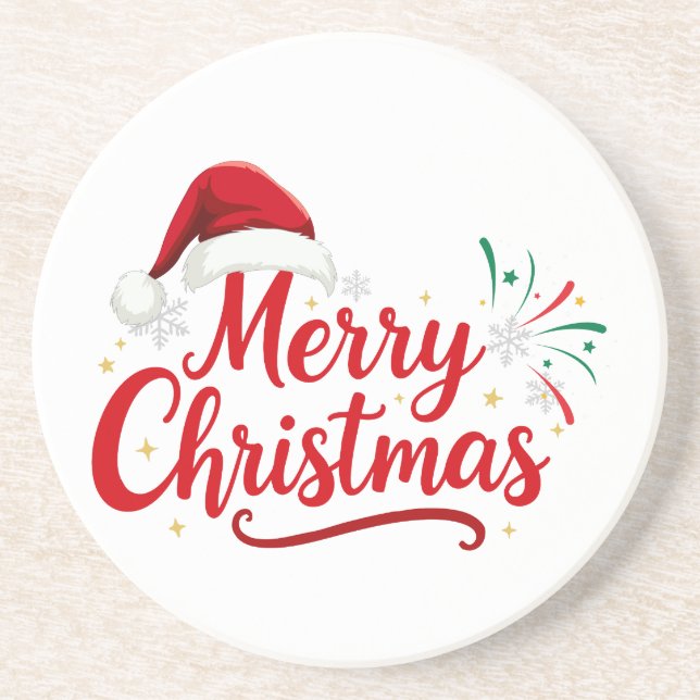 Merry Christmas Typography with Santa Hat and Snow Getränkeuntersetzer (Vorne)