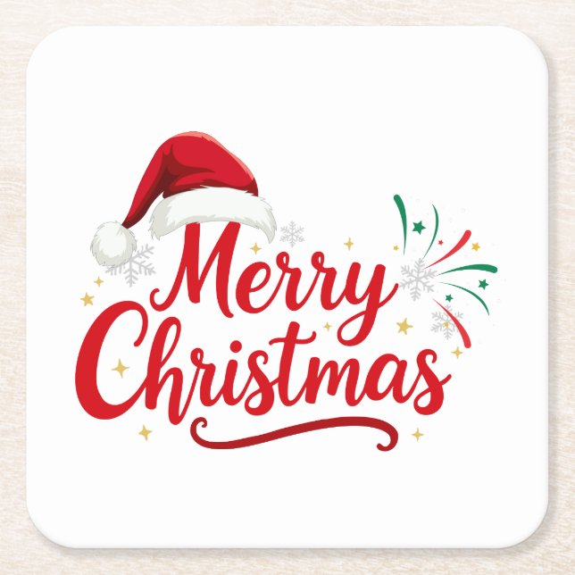 Merry Christmas Typography with Santa Hat and Snow Rechteckiger Pappuntersetzer (Vorderseite)
