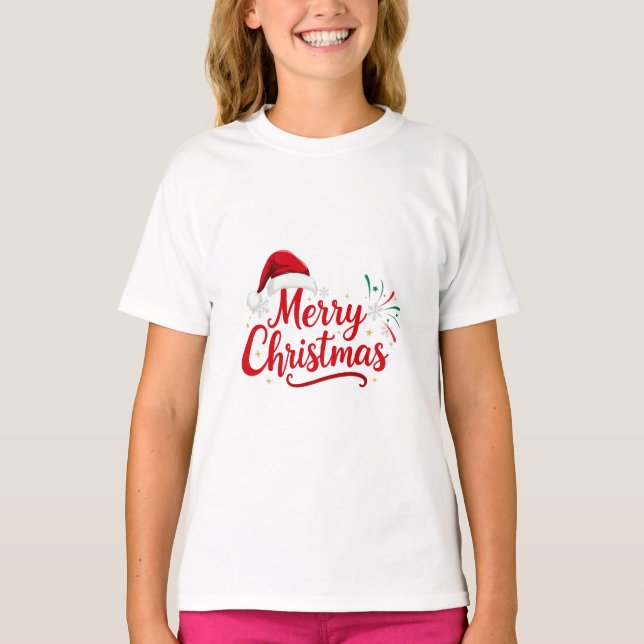 Merry Christmas Typography with Santa Hat and Snow T-Shirt (Vorderseite)