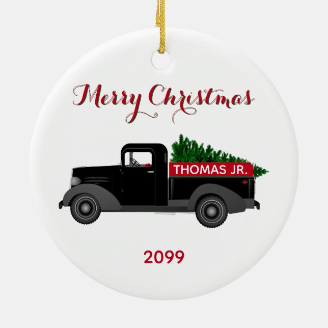 Merry Christmas Vintage Truck Ceramic Ornament (Hinten)