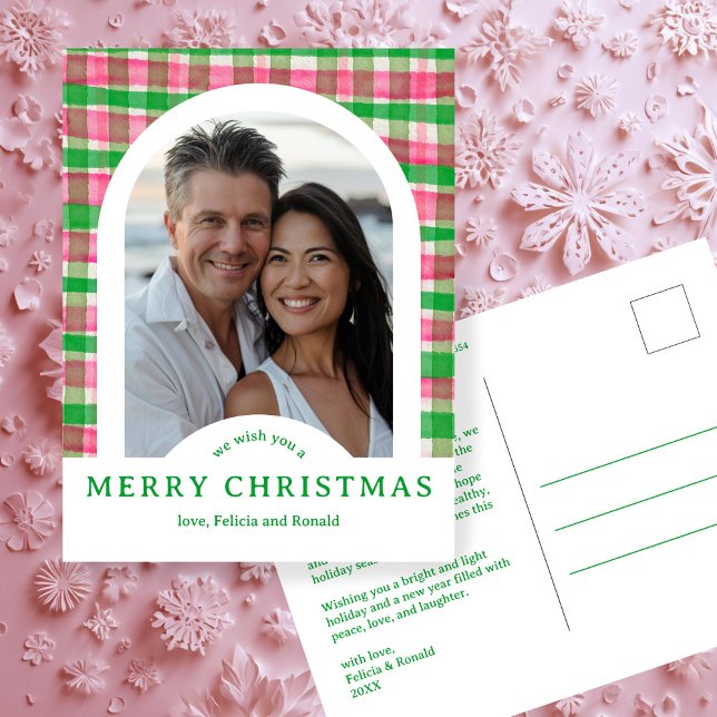 MERRY CHRISTMAS Watercolor Kariert CUSTOM Arch FOT Postkarte (MERRY CHRISTMAS Watercolor Plaid CUSTOM Arch PHOTO Pink Green Preppy Holiday Postcard
)