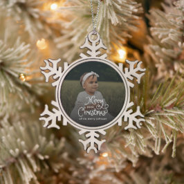 Merry Christmas Whimsical Script  Baby Photo  Schneeflocken Zinn-Ornament