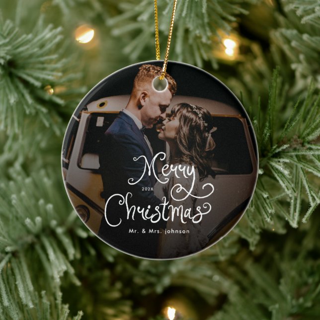 Merry Christmas Whimsical Script  Custom Photo  Keramik Ornament (Baum)
