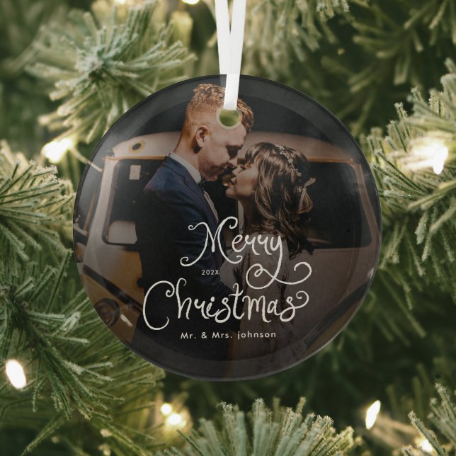 Merry Christmas Whimsical Script  Custom Photo  Ornament Aus Glas (InSitu)