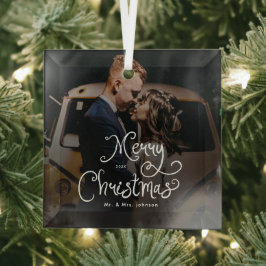 Merry Christmas Whimsical Script  Custom Photo  Ornament Aus Glas