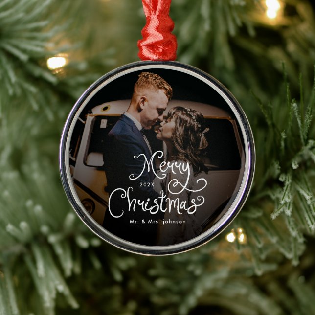 Merry Christmas Whimsical Script  Custom Photo  Ornament Aus Metall (Baum)