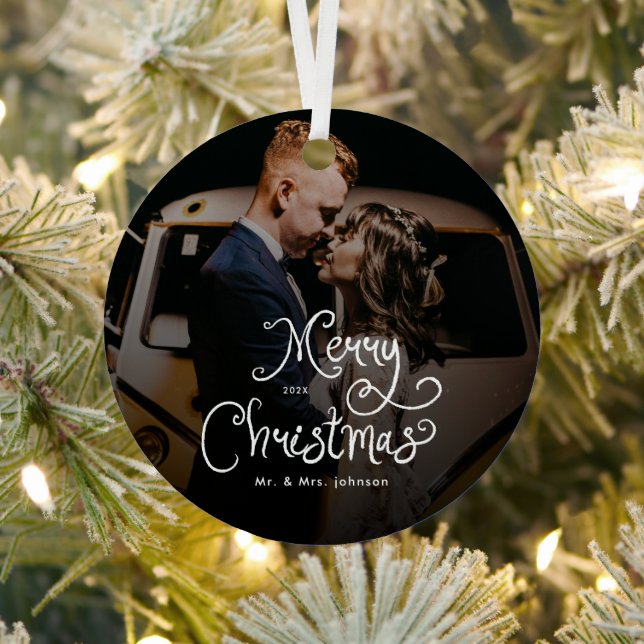 Merry Christmas Whimsical Script  Custom Photo  Ornament Aus Metall (InSitu)