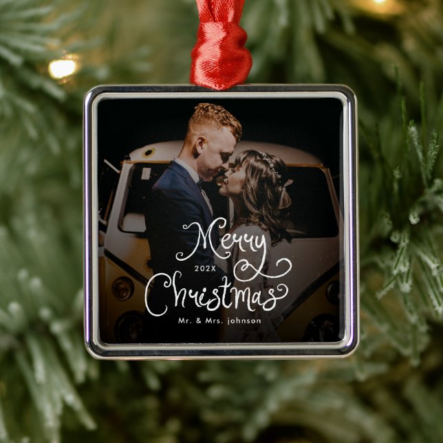 Merry Christmas Whimsical Script  Custom Photo  Ornament Aus Metall (Baum)