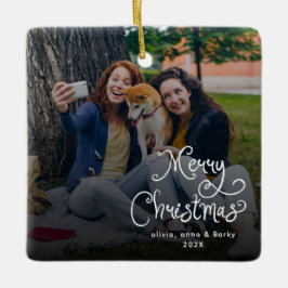 Merry Christmas Whimsical Script Family Photo Dog Keramikornament