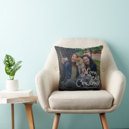 Merry Christmas Whimsical Script Family Photo Dog Kissen