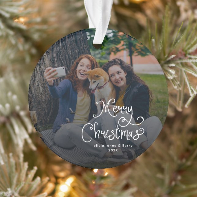 Merry Christmas Whimsical Script Family Photo Dog Ornament (Baum)