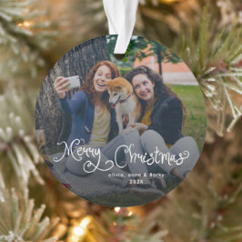 Merry Christmas Whimsical Script Family Photo Dog Ornament