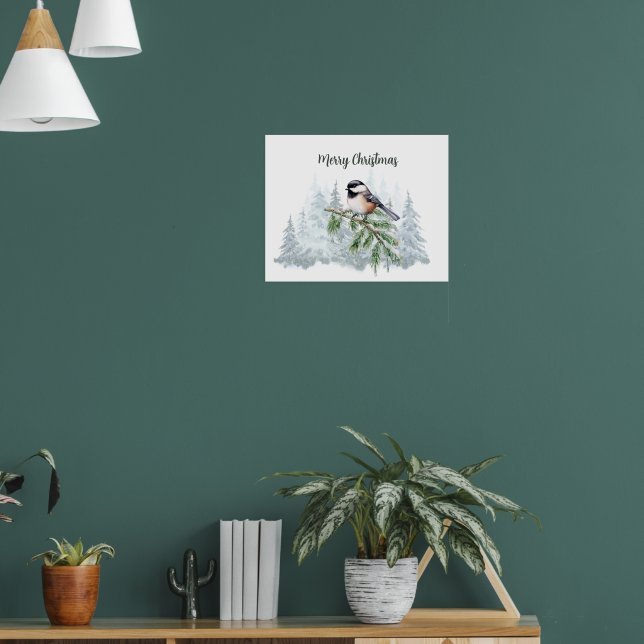 Merry Christmas Winter Spruce Tree Chickadee  Poster (Wohnzimmer 1)