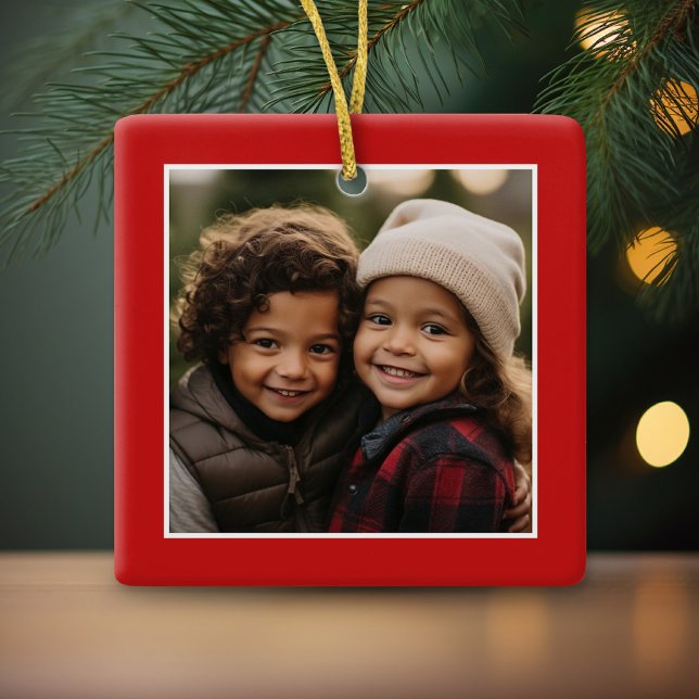 Merry Christmas with One Square Photo - red Keramikornament (Cute and Modern, Minimalist Ornament for a Photo!)