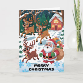 merry Christmas with playful Santa and Reindeer Feiertagskarte