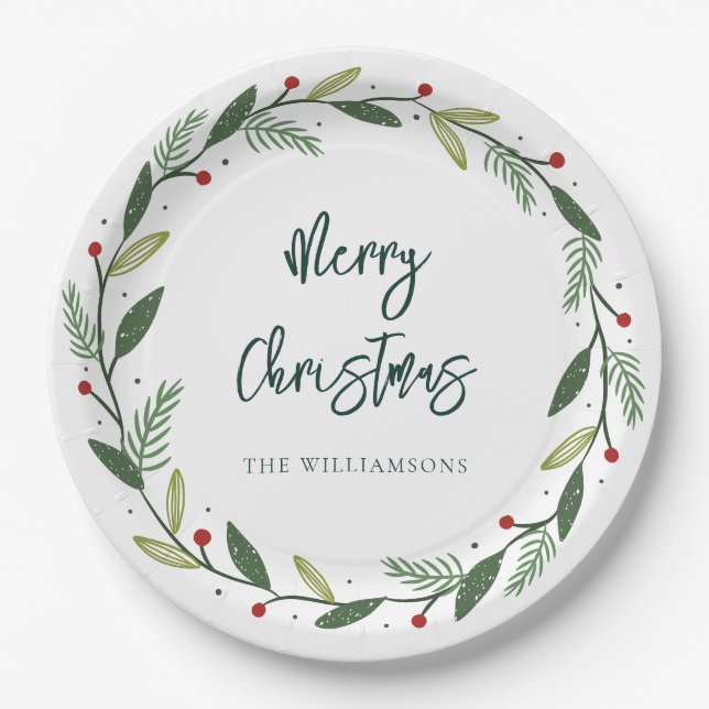 Merry Christmas Wreath Hand-Lettered Holidays Pappteller (Vorderseite)
