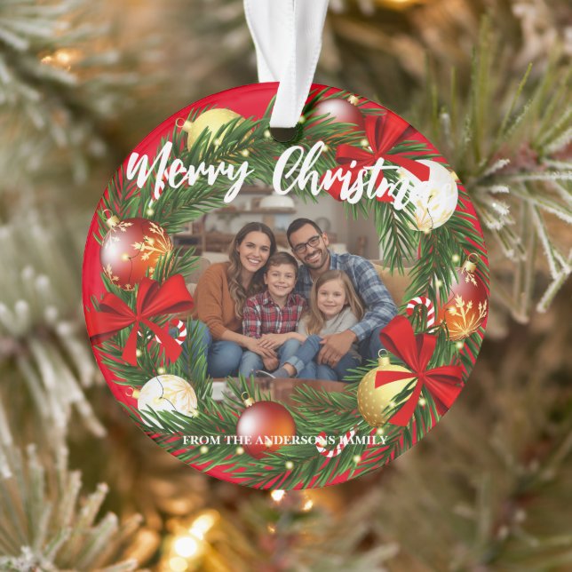 Merry Christmas Wreath Photo Personalized Family N (Arbre)