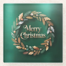 Merry Christmas Wreath Square Glass Coaster Glasuntersetzer