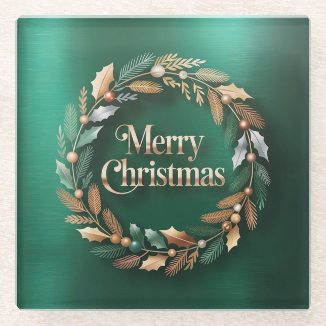 Merry Christmas Wreath Square Glass Coaster Glasuntersetzer (Vorderseite)