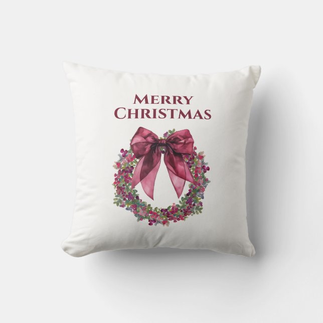 Merry Christmas Wreath Throw Pillow in Pink/Green Kissen (Vorderseite)